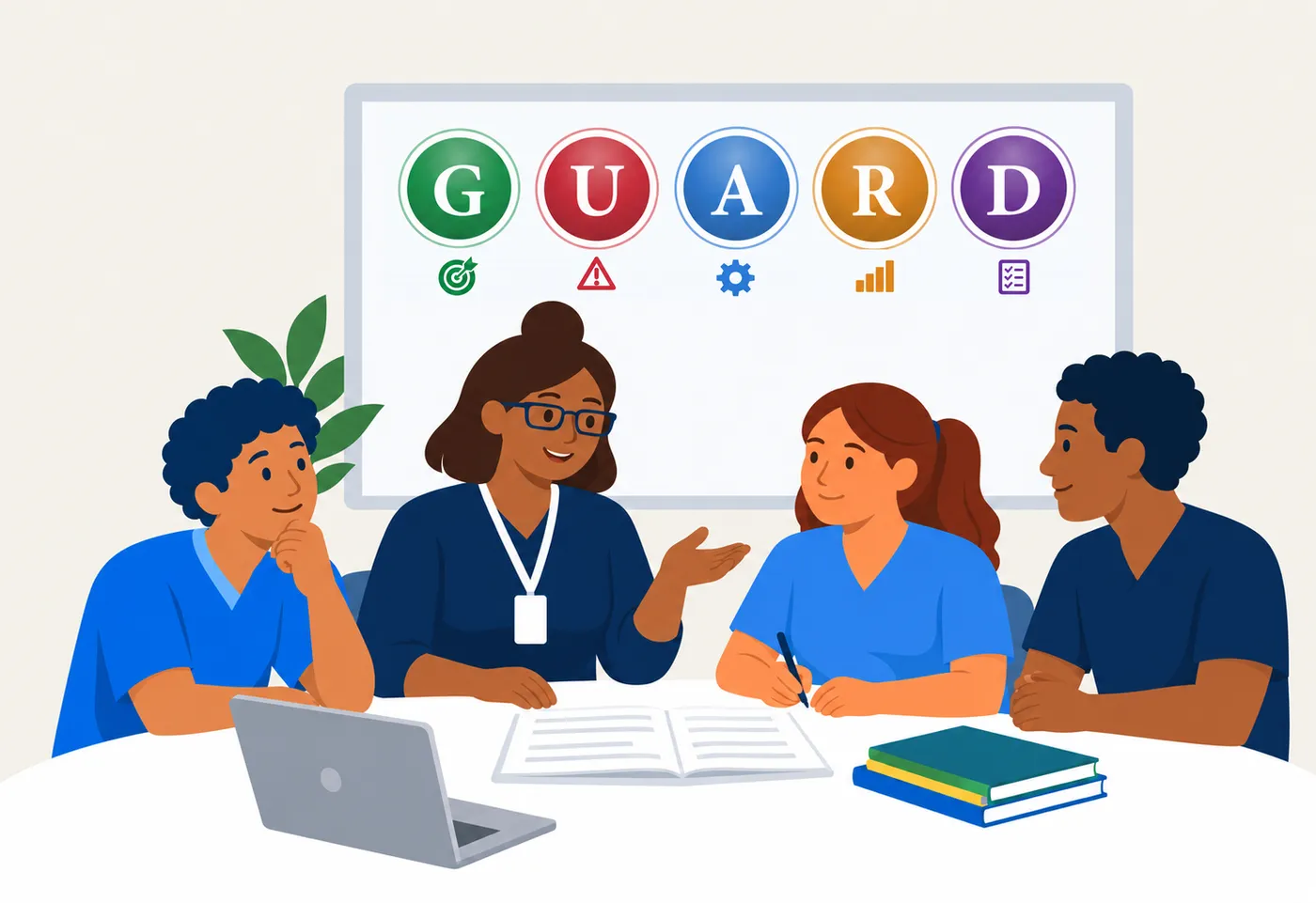A nurse educator and three nursing students discuss an open case paper around a table, with five GUARD tiles on the whiteboard behind them.